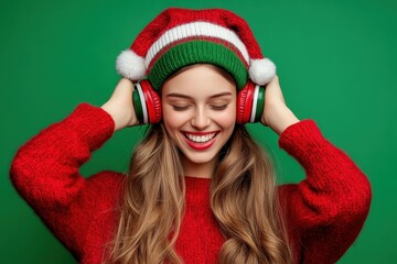 Young black woman with Christmas hat smiling and enjoying music with wireless headphones on a green background