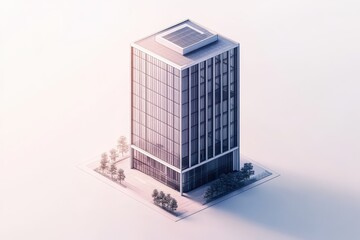 A modern office building with glass facades and surrounding greenery.