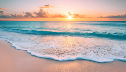 Obraz premium Crystal-clear turquoise waters with gentle waves lapping at a pristine beach under a golden sunset