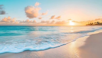 Obraz premium Crystal-clear turquoise waters with gentle waves lapping at a pristine beach under a golden sunset