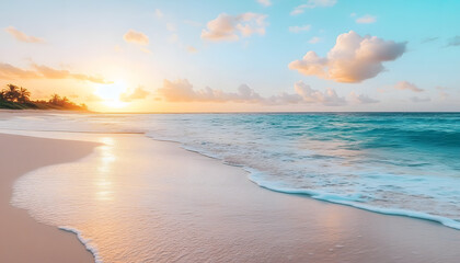 Obraz premium Crystal-clear turquoise waters with gentle waves lapping at a pristine beach under a golden sunset
