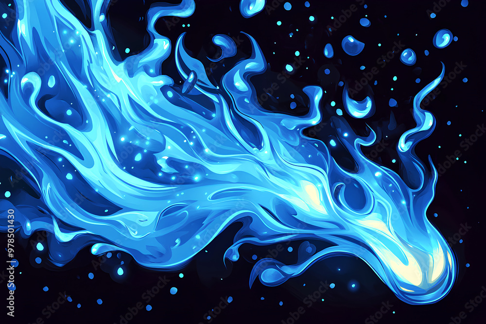 Poster a vibrant blue flame-like design with swirling patterns and glowing elements on a dark background.