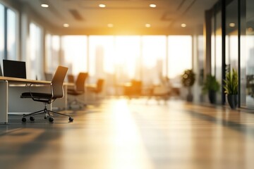 Obraz premium A modern office space bathed in warm sunlight, featuring chairs and plants.