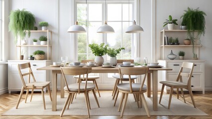 Scandinavian-style dining table with simple white plates, wooden chairs, and greenery centerpiece, [dining table], [Scandinavian decor]