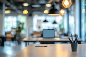 Fototapeta premium A modern office space featuring a desk, laptop, and stylish lighting.