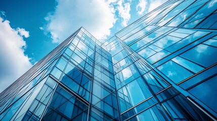 Obraz premium Economics, banking, business and finance concept.A fragment of a modern office building in the capital .glass buildings with cloudy blue sky background .generative ai