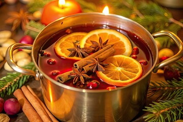 Festive pot of mulled wine with citrus slices and spices.