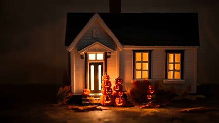 ジャック・オー・ランタンのカボチャと秋の葉が飾られたミニチュアハウス。ハロウィンの背景｜Miniature house decorated with jack-o-lantern pumpkins and autumn leaves. Halloween background.