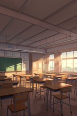 机が並んだ空の教室。イラスト｜Empty classroom with rows of desks. Illustration.