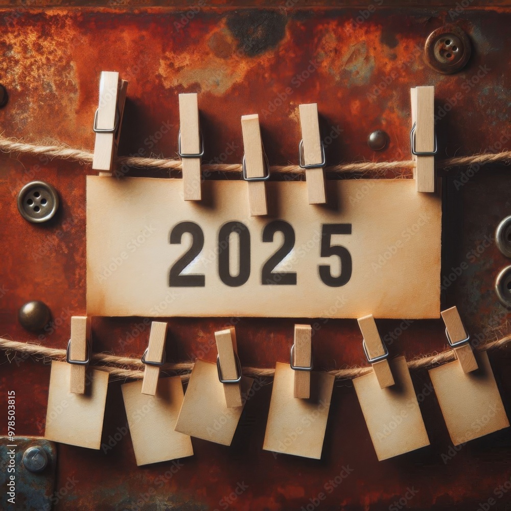 Fototapete 2025 written on cards pinned to a string with a vintage rusty background