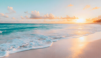 Obraz premium Crystal-clear turquoise waters with gentle waves lapping at a pristine beach under a golden sunset