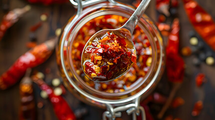 Spoon filled with crispy spicy chili oil and onion held above a glass jar with bright red lid, featuring a rustic and appetizing background.