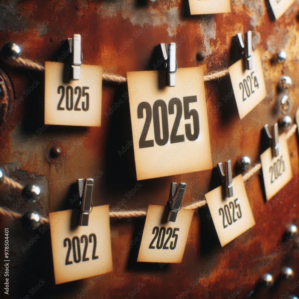 Fototapete 2025 written on cards pinned to a string with a vintage rusty background