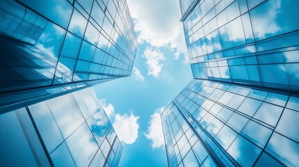 Obraz premium Economics, banking, business and finance concept.A fragment of a modern office building in the capital .glass buildings with cloudy blue sky background .generative ai