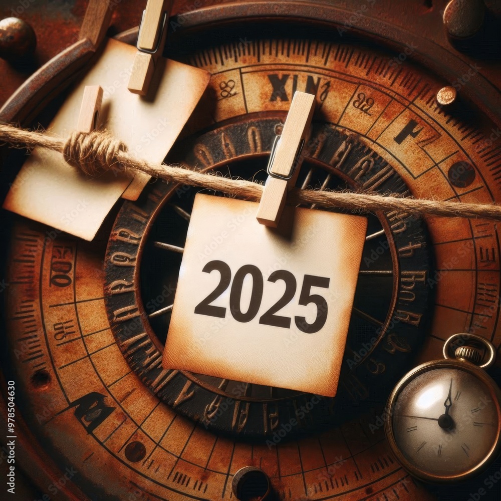Fototapete 2025 written on cards pinned to a string with a vintage rusty background