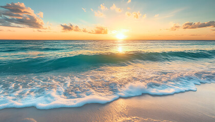 Obraz premium Crystal-clear turquoise waters with gentle waves lapping at a pristine beach under a golden sunset