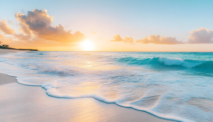 Fototapeta premium Crystal-clear turquoise waters with gentle waves lapping at a pristine beach under a golden sunset