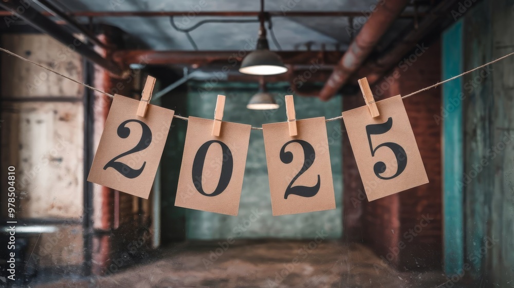 Fototapete 2025 written on cards pinned to a string with a vintage rusty background