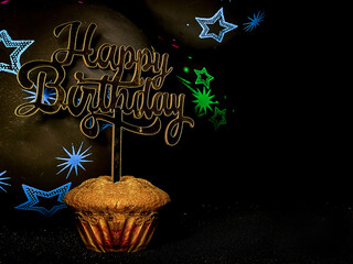 Happy birthday calligraphy on black background with decorated black balloons 