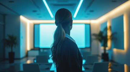Businesswoman Stands Before a Screen in a Modern Office