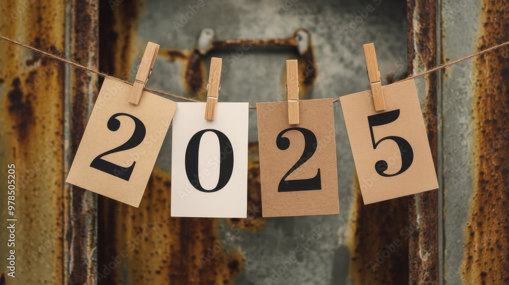 Fototapete 2025 written on cards pinned to a string with a vintage rusty background