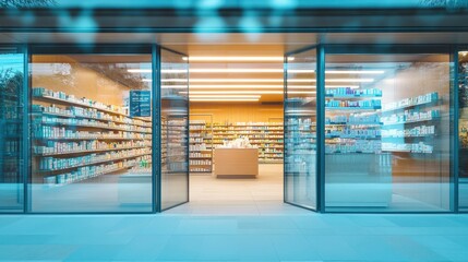 A modern pharmacy entrance showcasing shelves filled with various products.