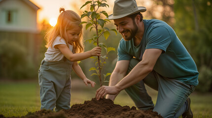 A father and his daughter plant a tree together, promoting eco-balance and environmental stewardship. This scene is perfect for themes of sustainability, family bonding, and nature conservation