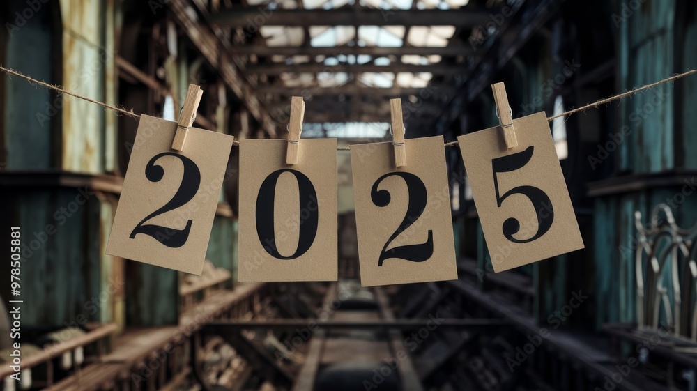 Fototapete 2025 written on cards pinned to a string with a vintage rusty background