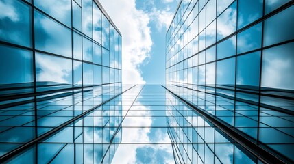 Obraz premium Economics, banking, business and finance concept.A fragment of a modern office building in the capital .glass buildings with cloudy blue sky background .generative ai