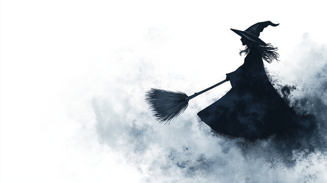 A witch dressed in a flowing cloak and hat flies on her broomstick through whimsical clouds, embodying the enchanting spirit of Halloween celebrations, copy space