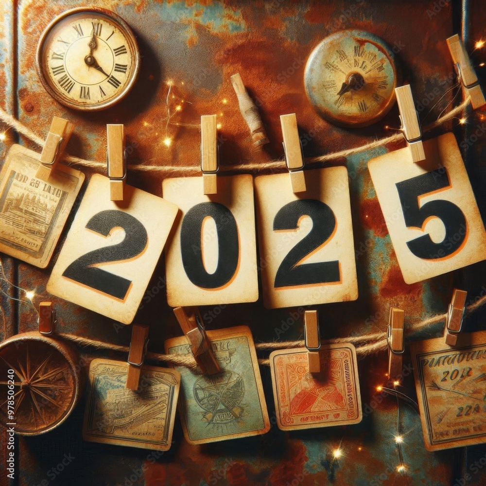 Fototapete 2025 written on cards pinned to a string with a vintage rusty background