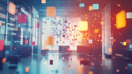 Fototapeta premium Innovative Brainstorming Session with Futuristic Digital Elements in Brightly Lit Office