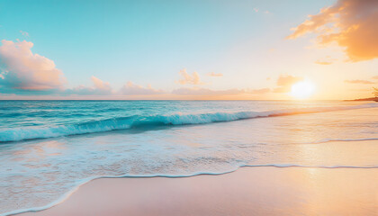 Fototapeta premium Crystal-clear turquoise waters with gentle waves lapping at a pristine beach under a golden sunset
