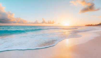 Fototapeta premium Crystal-clear turquoise waters with gentle waves lapping at a pristine beach under a golden sunset