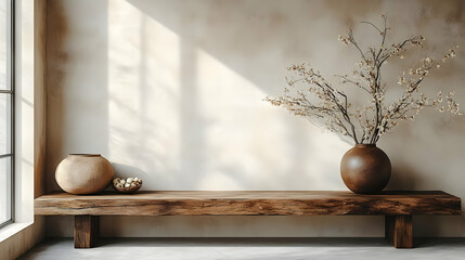 Rustic Wooden Bench with Ceramic Vases and White Flowers in Minimalist Interior