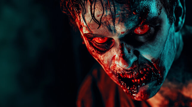 A menacing zombie features glowing red eyes and bloodied skin in a dark environment, perfect for Halloween themed promotions with ample copy space to the left