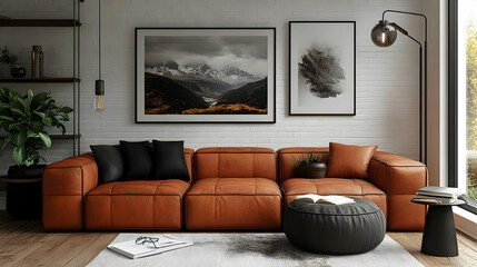 Modern Living Room Interior Design with Leather Sofa and Mountain View Artwork
