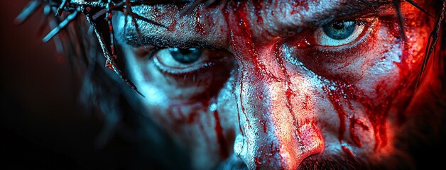 Dramatic portrait representing themes of sacrifice and resurrection, suitable for Easter and Thanksgiving reflections or themed events. With copy space.