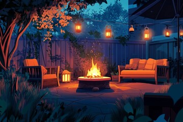 A Warm And Inviting Backyard Campfire With A Crackling Fire, Comfortable Seating, And Softly Glowing Lights Adding To The, Generative AI