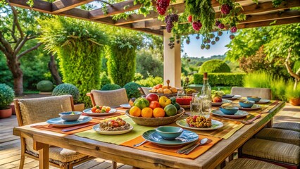 Fototapeta premium Outdoor dining table on a patio, set with colorful plates and fresh fruits under a canopy of trees, [dining table], [alfresco dining]