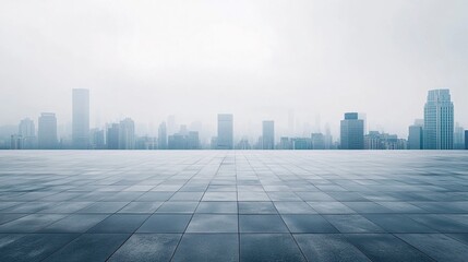 Fototapeta premium Empty square floor with modern city commercial buildings scenery. Panoramic view. generative ai