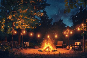 Obraz premium A Warm Backyard Campfire Surrounded By Cozy Seating And Softly Glowing Lanterns, With Friends Enjoying The Evening Under, Generative AI