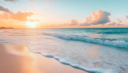 Fototapeta premium Crystal-clear turquoise waters with gentle waves lapping at a pristine beach under a golden sunset