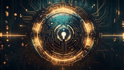 Abstract glowing circle with a keyhole inside a circuit board.