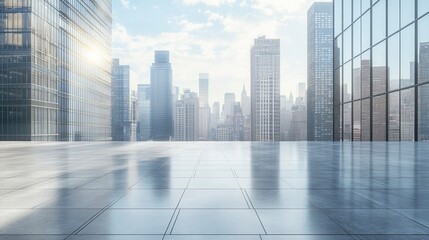 Fototapeta premium Empty square floor with modern city commercial buildings scenery. Panoramic view. generative ai