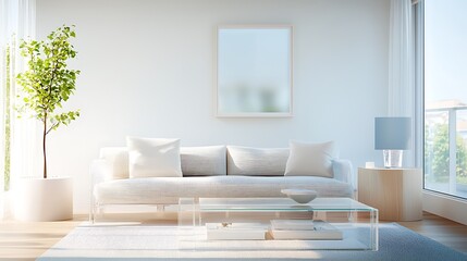 An innovative living room with transparent furniture and holographic entertainment systems, promoting relaxation