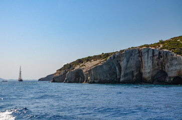 Naklejka premium Zakynthos August 2024, amazing multicolored and surprising landscapes, Blue caves