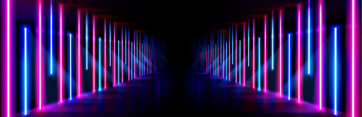 Neon light corridor background. Abstract led and laser stage in futuristic club room. Empty dance concert hall for fashion party. Cyber interior bg with catwalk and glow line in pink and blue.