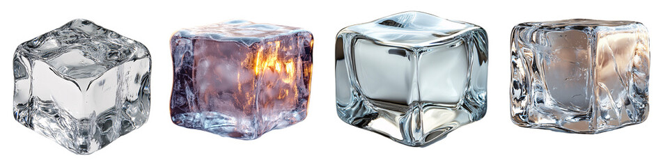 Four ice cubes in different styles, showcasing transparency and color variations.