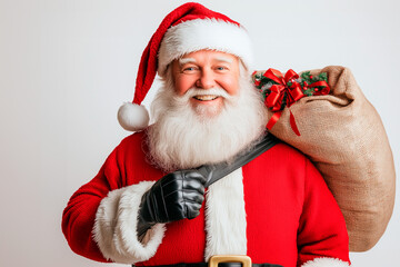 portrait of santa claus, Santa Claus in his traditional red suit, holding a large bag of gifts over his shoulder, standing confidently on a pure white background